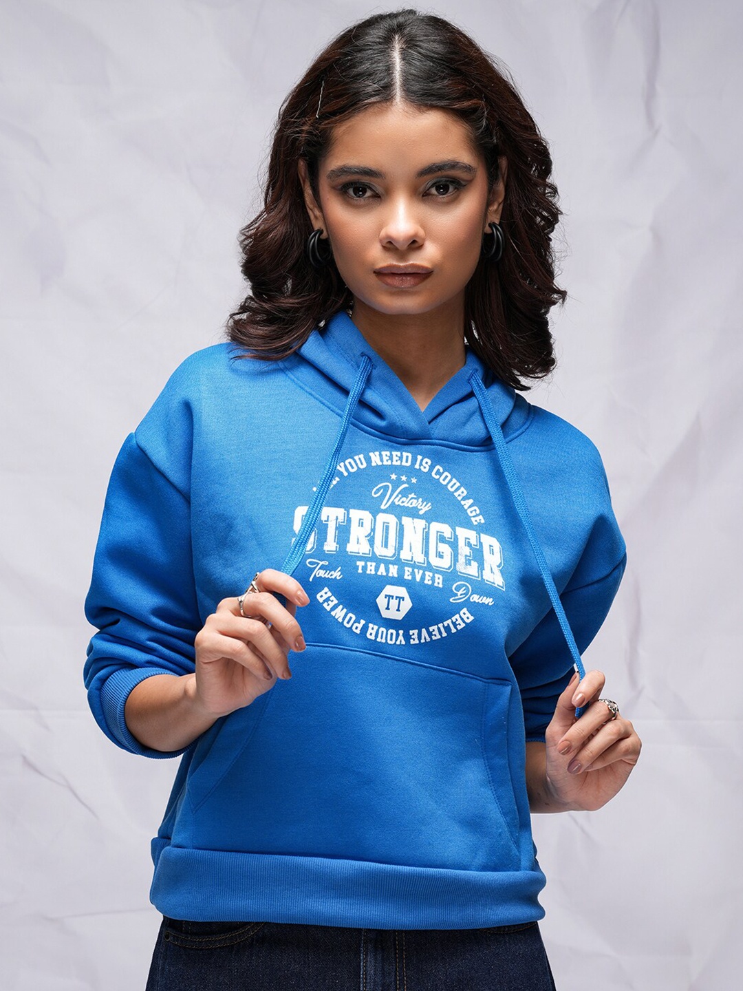 

Tokyo Talkies Blue Typography Printed Hooded Relaxed Pullover Sweatshirt