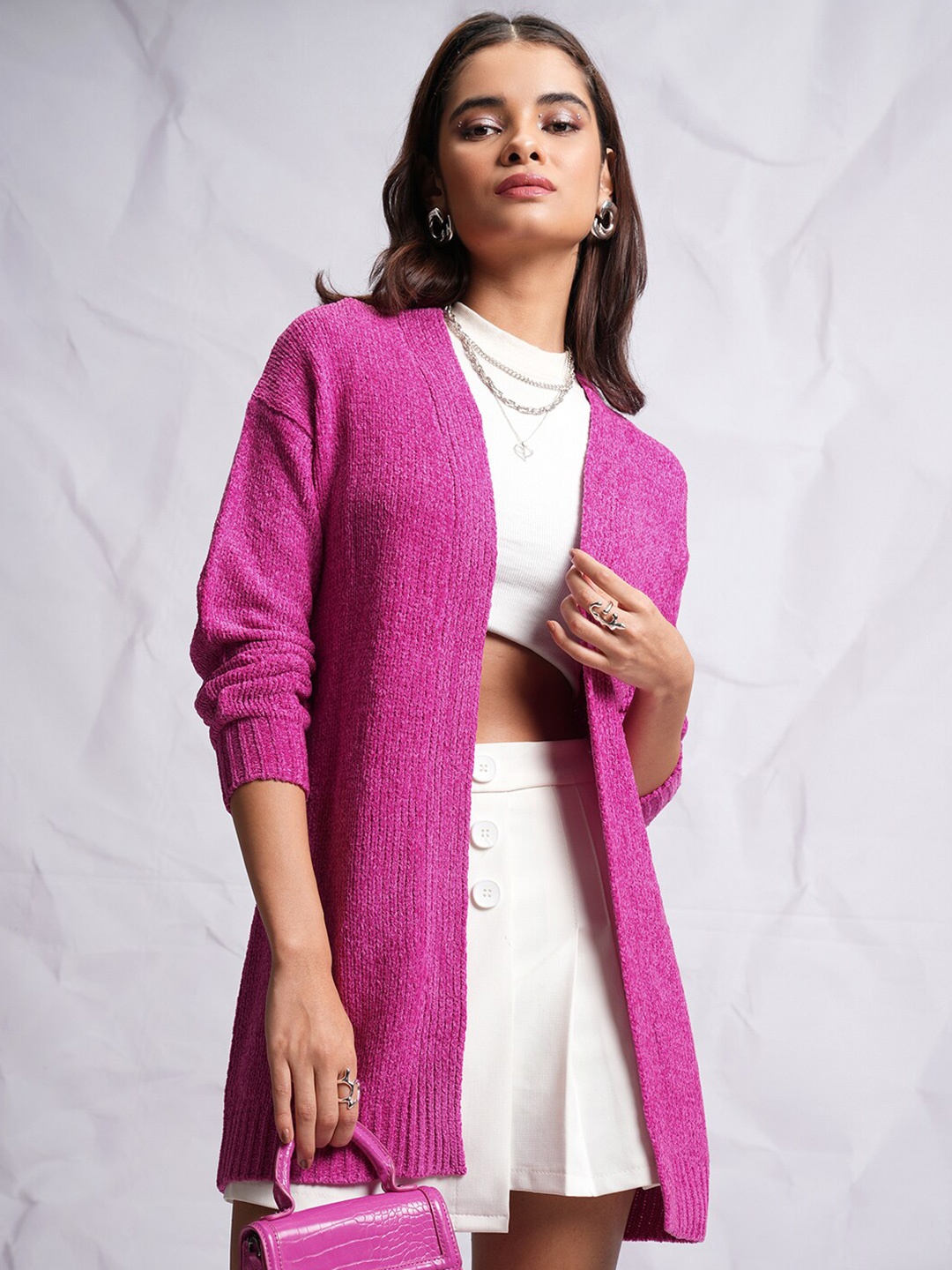 

Tokyo Talkies Relaxed Fit Self Design Longline Acrylic Front-Open Sweater, Pink