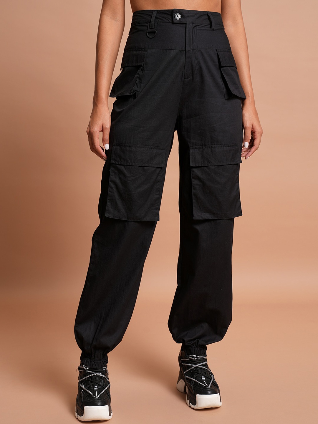 

Tokyo Talkies Women Black High-Rise Cotton Cargos