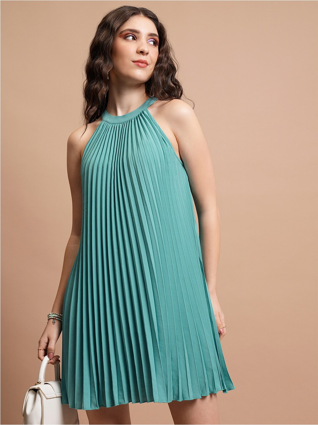 

Tokyo Talkies Sea Green Halter Neck Accordion Pleats A Line Dress