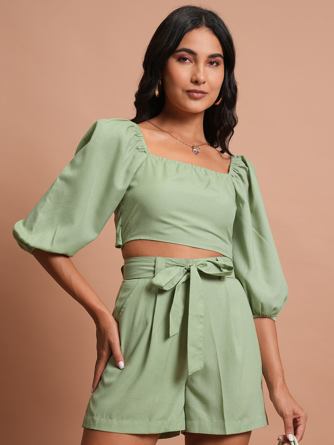 

Tokyo Talkies Tie-Ups Back Crop Top With Pleated Belted Shorts, Green