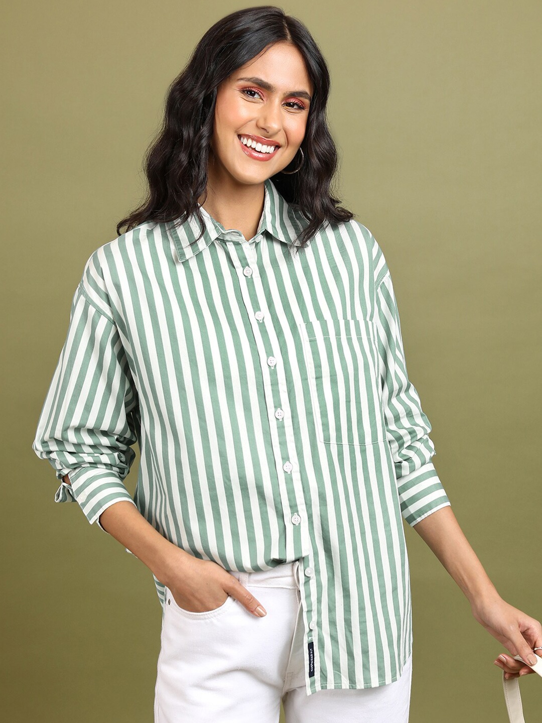 

Tokyo Talkies Spread Collar Boyfriend Fit Striped Casual Pure Cotton Shirt, Green