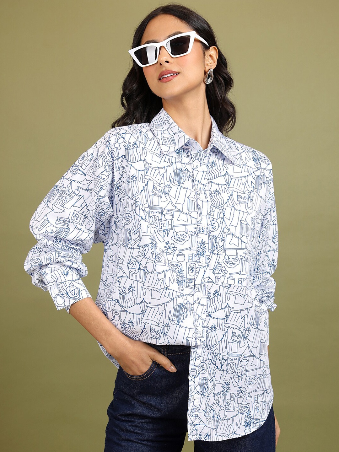 

Tokyo Talkies Boyfriend Fit Oversized Conversational Printed Casual Cotton Shirt, White