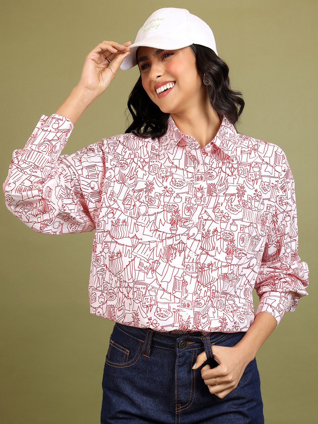 

Tokyo Talkies White Printed Long Sleeves Cotton Casual Shirt