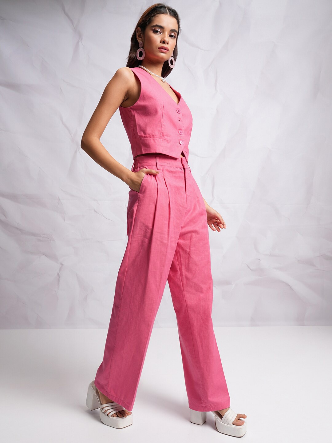 

Tokyo Talkies Cropped Waistcoat With Pants Co-Ord Set, Pink