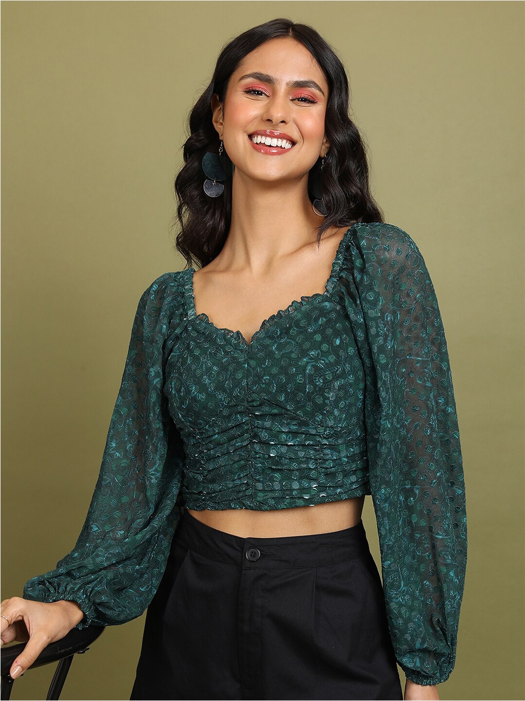 

Tokyo Talkies Teal Ethnic Motifs Printed Sweetheart Neck Puff Sleeves Crop Top