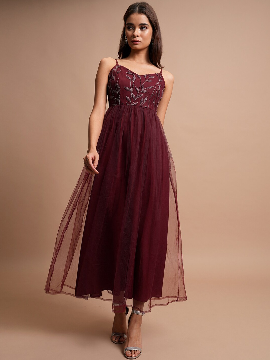 

Tokyo Talkies Burgundy Floral Embroidered Maxi Dress