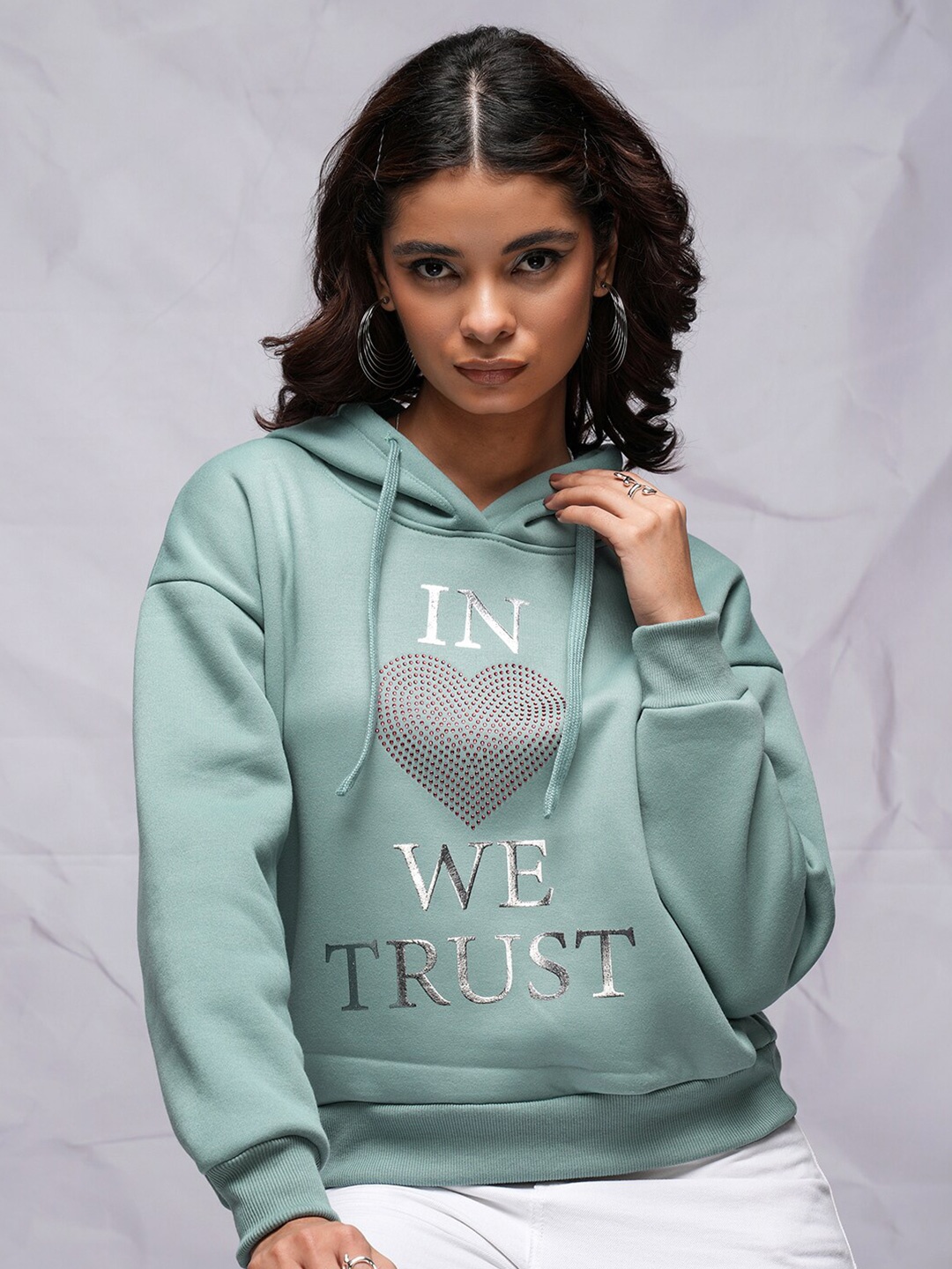 

Tokyo Talkies Sea Green Printed Hooded Relaxed Fit Pullover