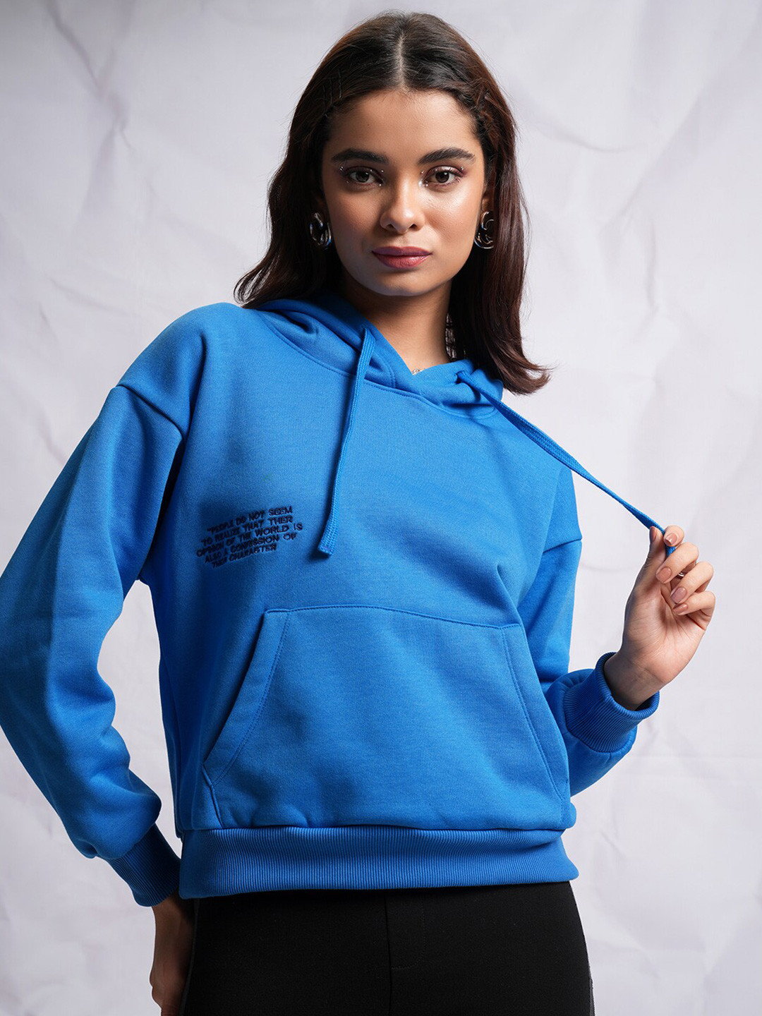 

Tokyo Talkies Blue Embroidered Hooded Sweatshirt