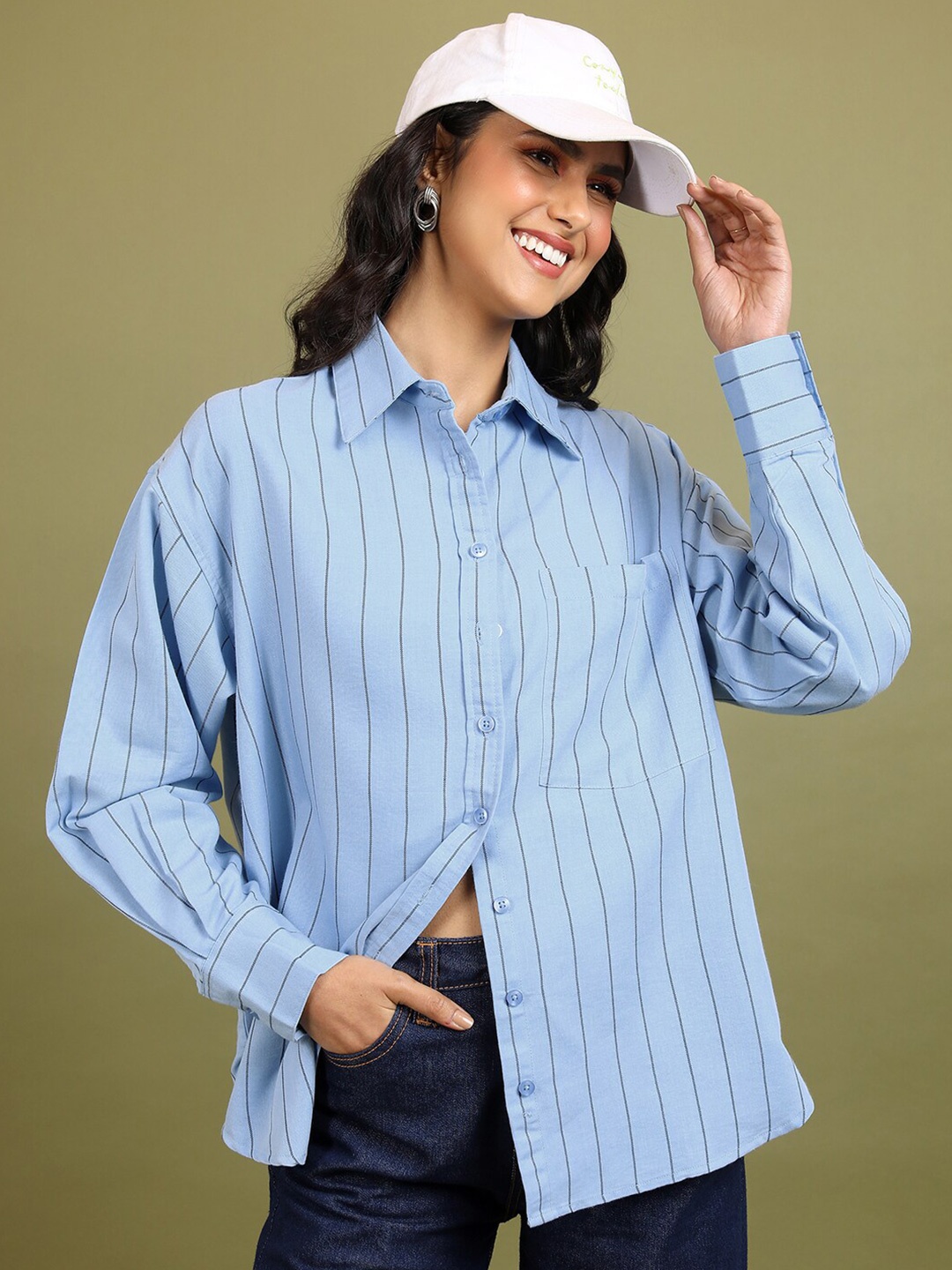 

Tokyo Talkies Blue Striped Oversized Casual Shirt