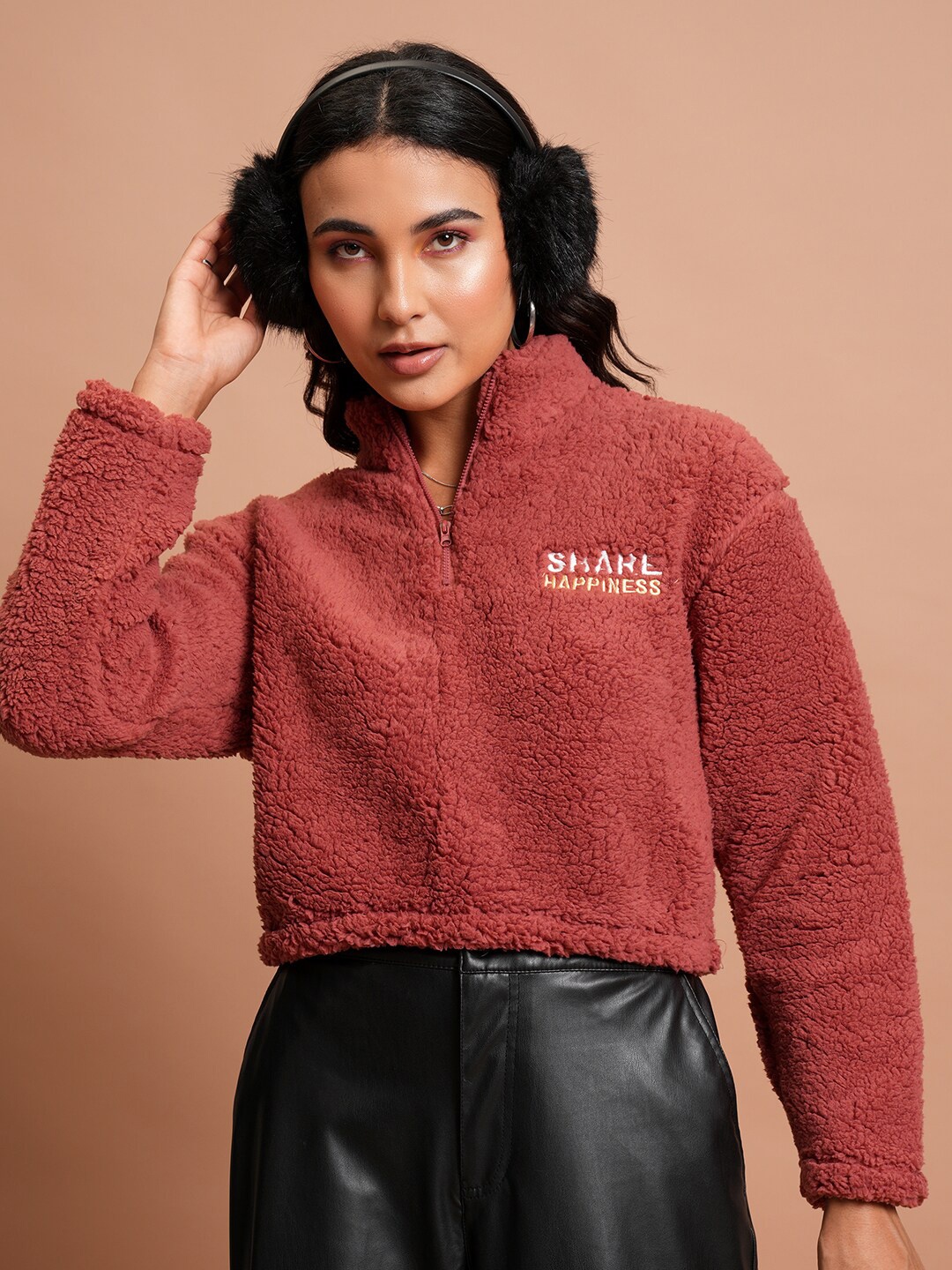 

Tokyo Talkies Rust Relaxed Fit Self Design Crop Sweatshirt