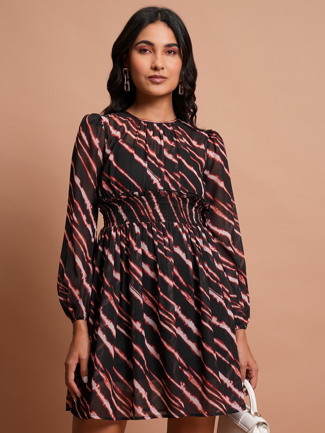 

Tokyo Talkies Black Printed Smocked Fit & Flare Mini Dress