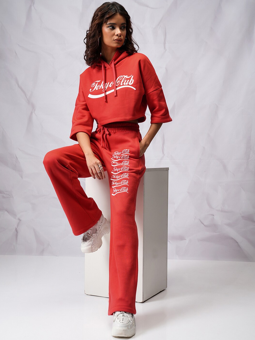 

Tokyo Talkies Printed Hooded Terry Relaxed fit Sweatshirt with Trousers, Red