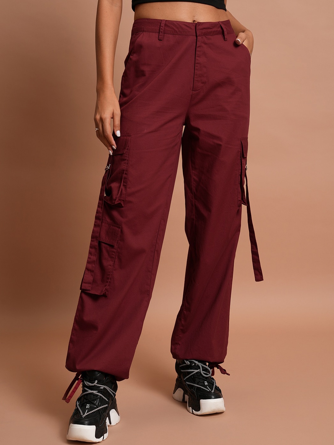 

Tokyo Talkies Women Maroon Flared High Rise Cotton Cargos Trousers