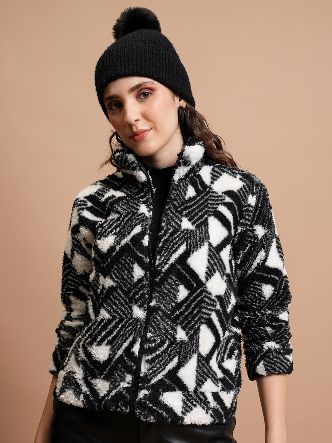 

Tokyo Talkies Geometric Self Design Mock Collar Front-Open Sweatshirt, White