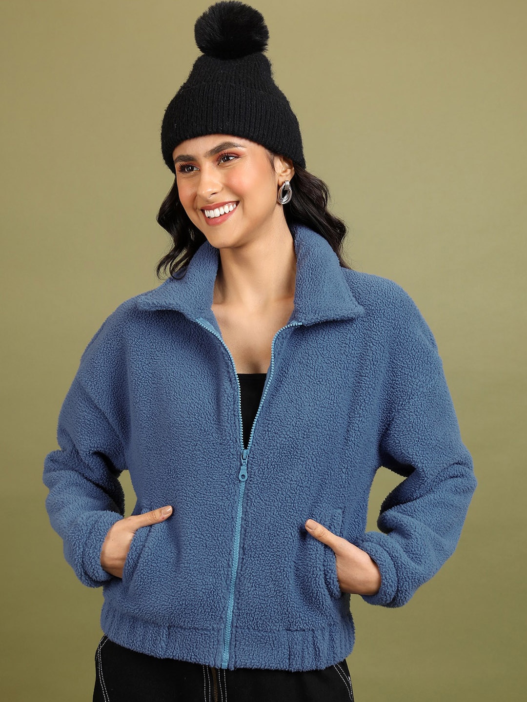 

Tokyo Talkies Blue Spread Collar Long Sleeve Zip Detail Bomber Jacket