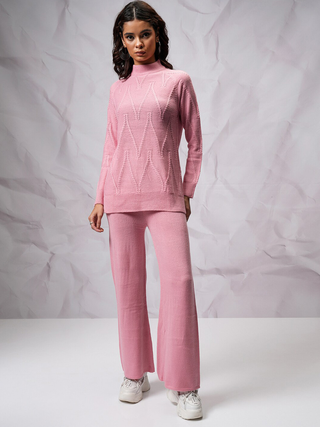 

Tokyo Talkies Pink Self Design Acrylic Sweater