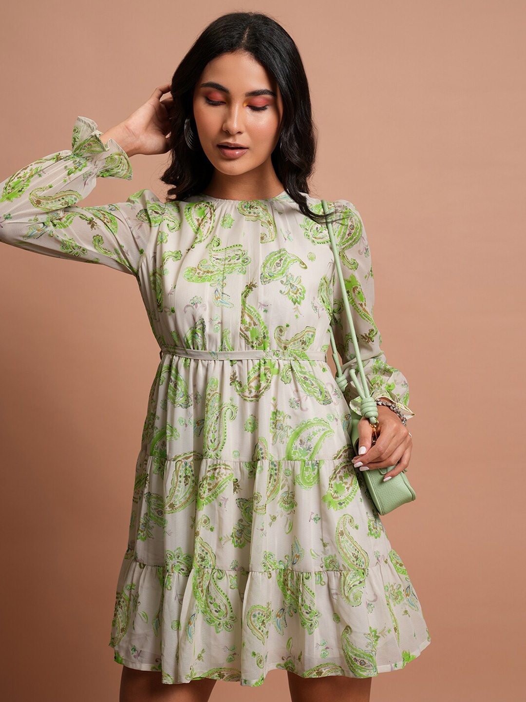 

Tokyo Talkies Green Ethnic Motifs Printed Fit & Flare Dress