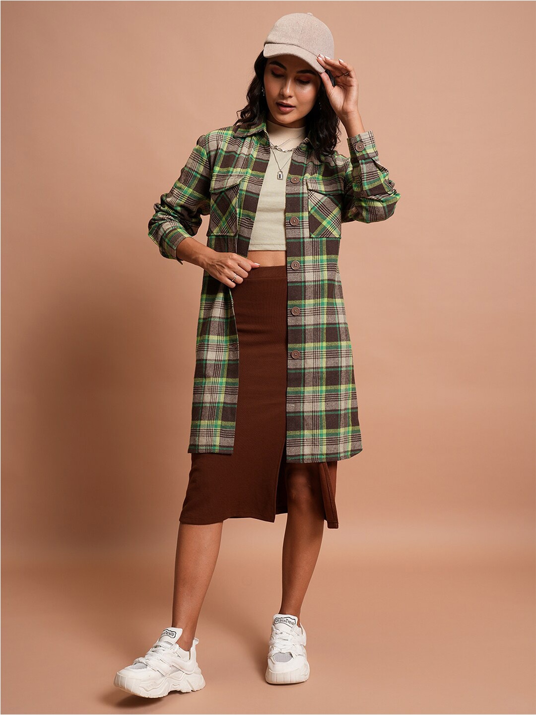 

Tokyo Talkies Brown Tartan Checked Cotton Oversized Casual Shirt
