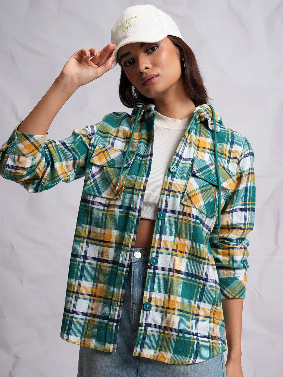 

Tokyo Talkies Green Oversized Tartan Checked Casual Shirt