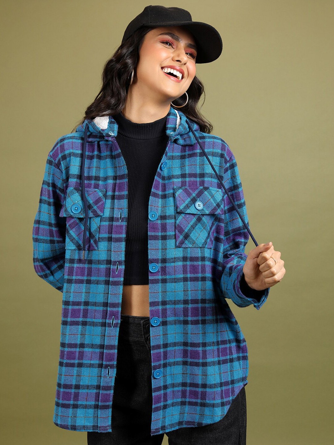 

Tokyo Talkies Hooded Checked Oversize Flannel Casual Shacket, Blue