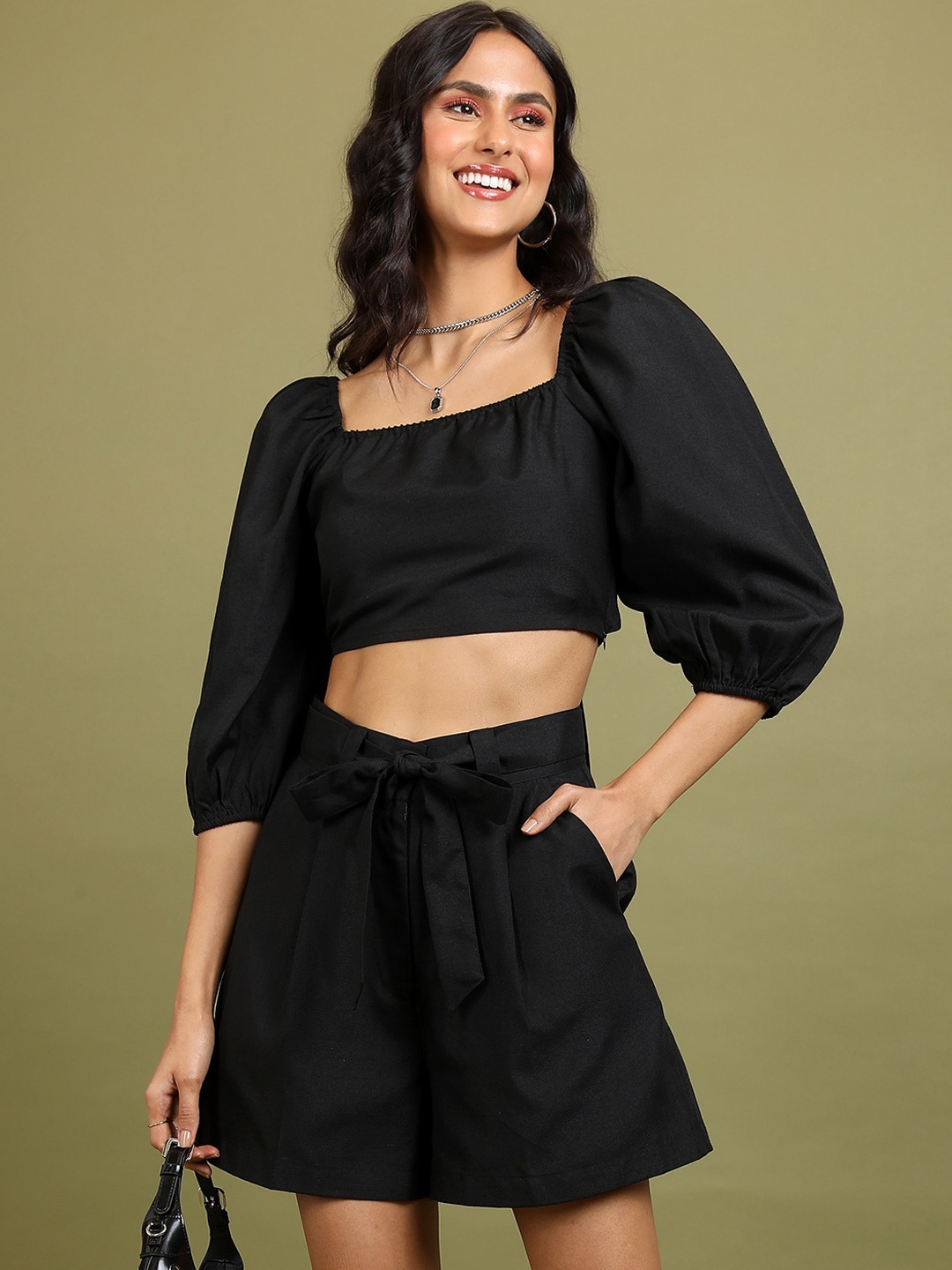 

Tokyo Talkies Caviar Tie-Back Crop Top & Pleated Shorts, Black