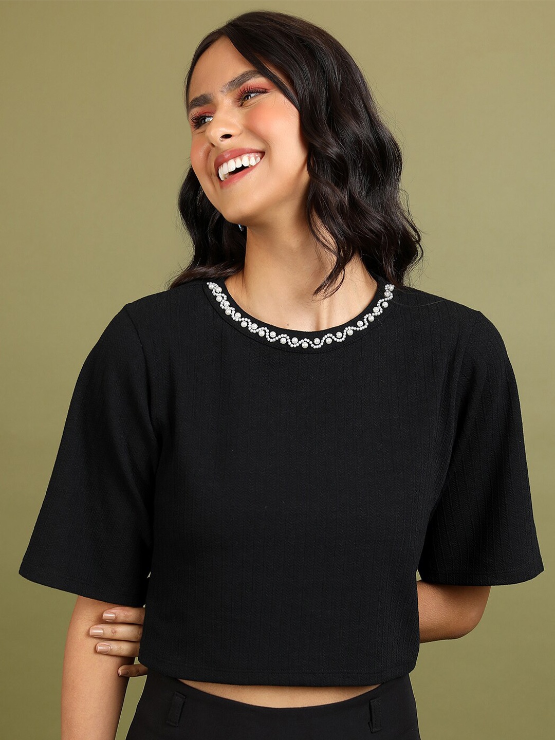 

Tokyo Talkies Black Embellished Crop Boxy Top