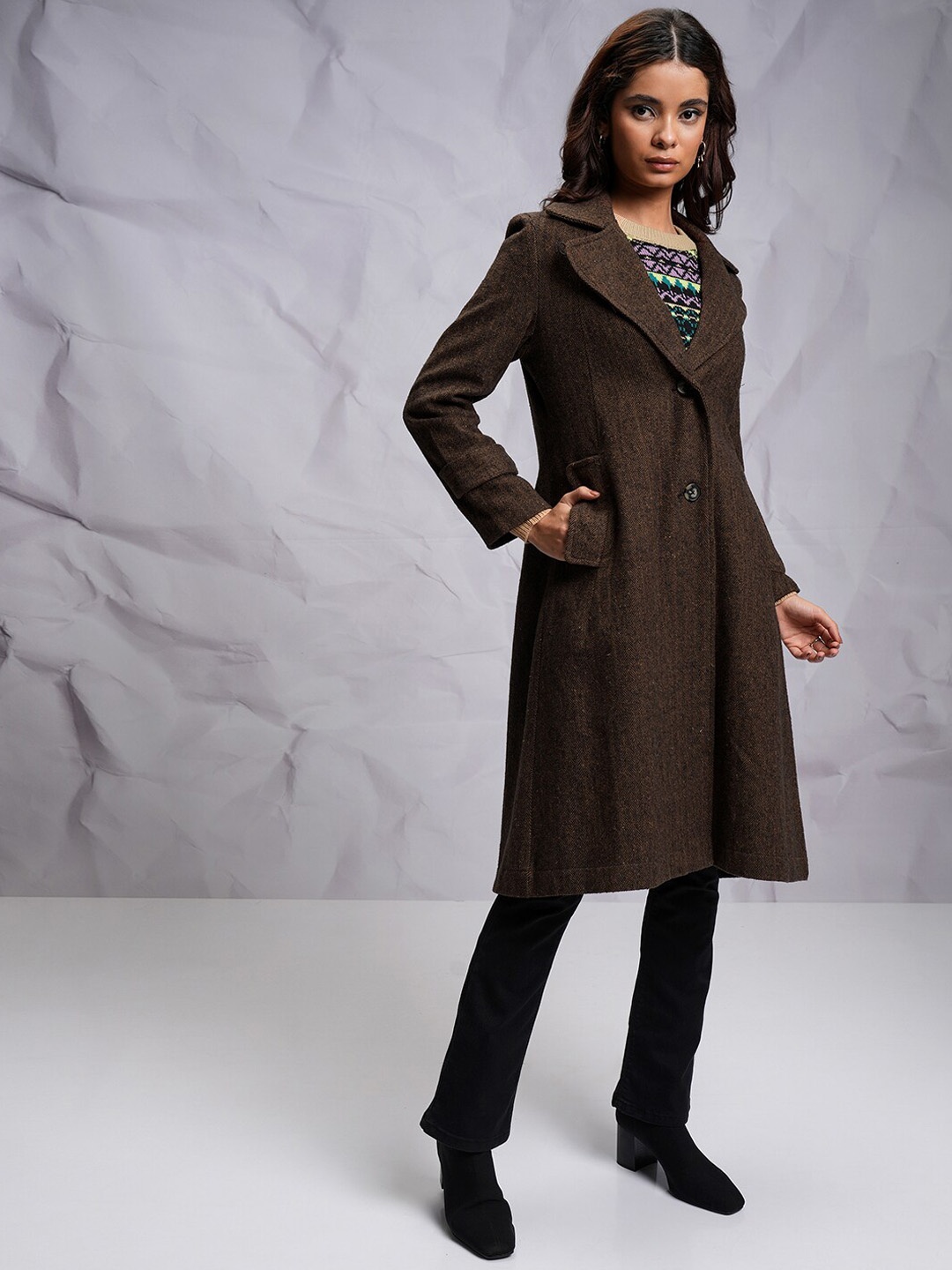 

CHIC BY TOKYO TALKIES Notched Lapel Collar Longline Single Breasted Overcoat, Brown