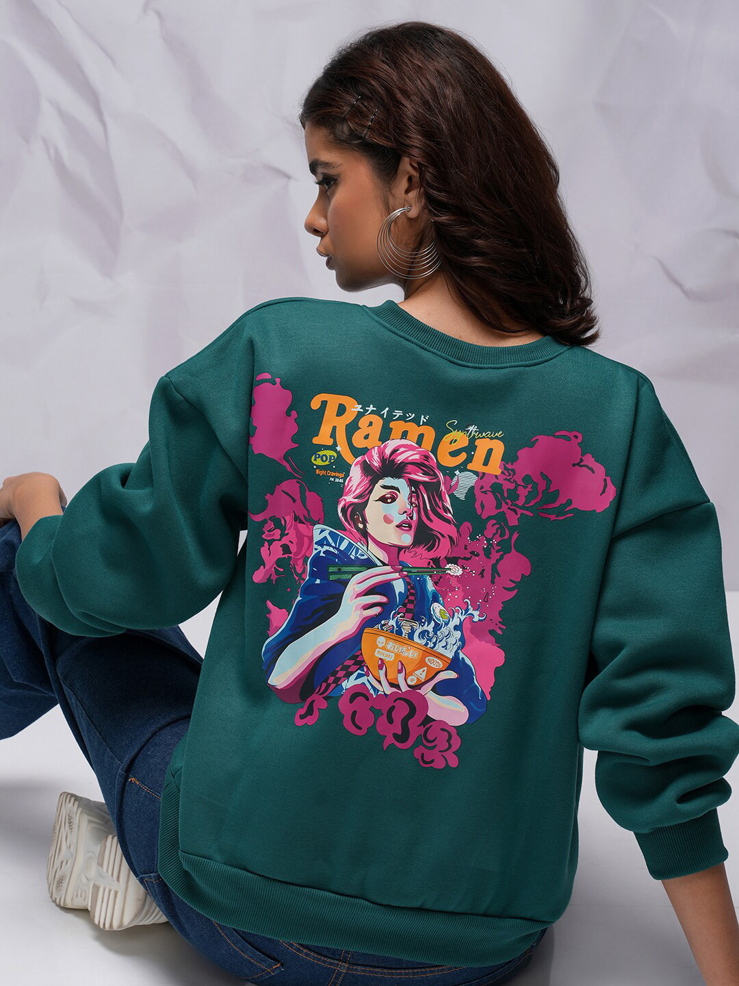 

Tokyo Talkies Teal Graphic Printed Hooded Drop-Shoulder Sleeves Oversized Sweatshirt
