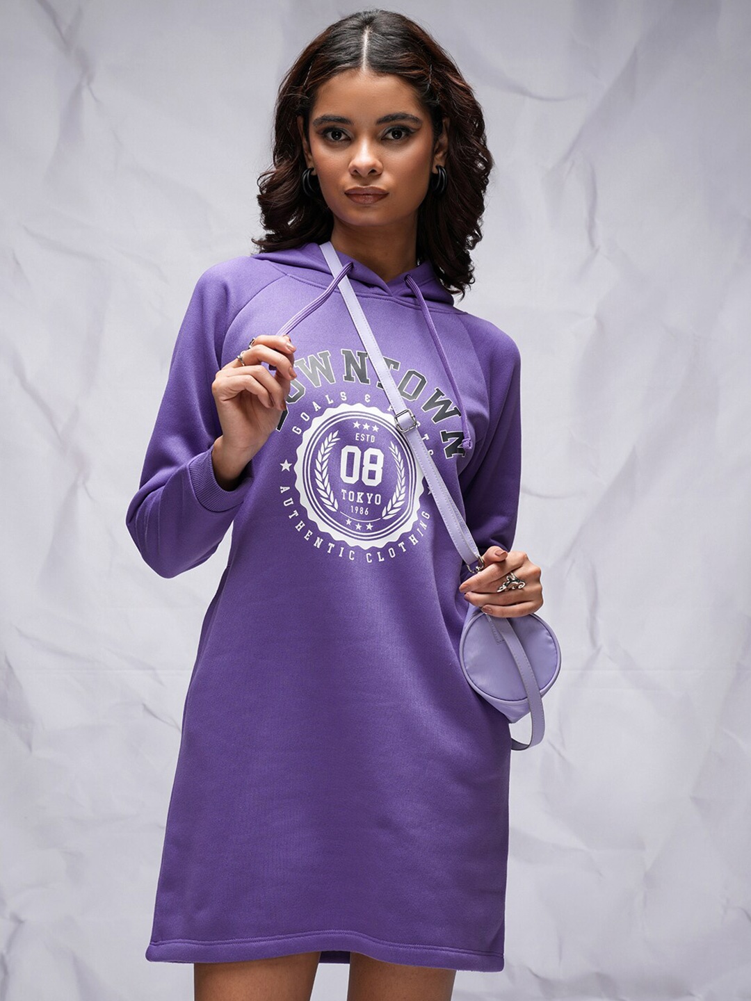 

Tokyo Talkies Purple Typography Printed Hooded Relaxed Fit T-shirt Dress
