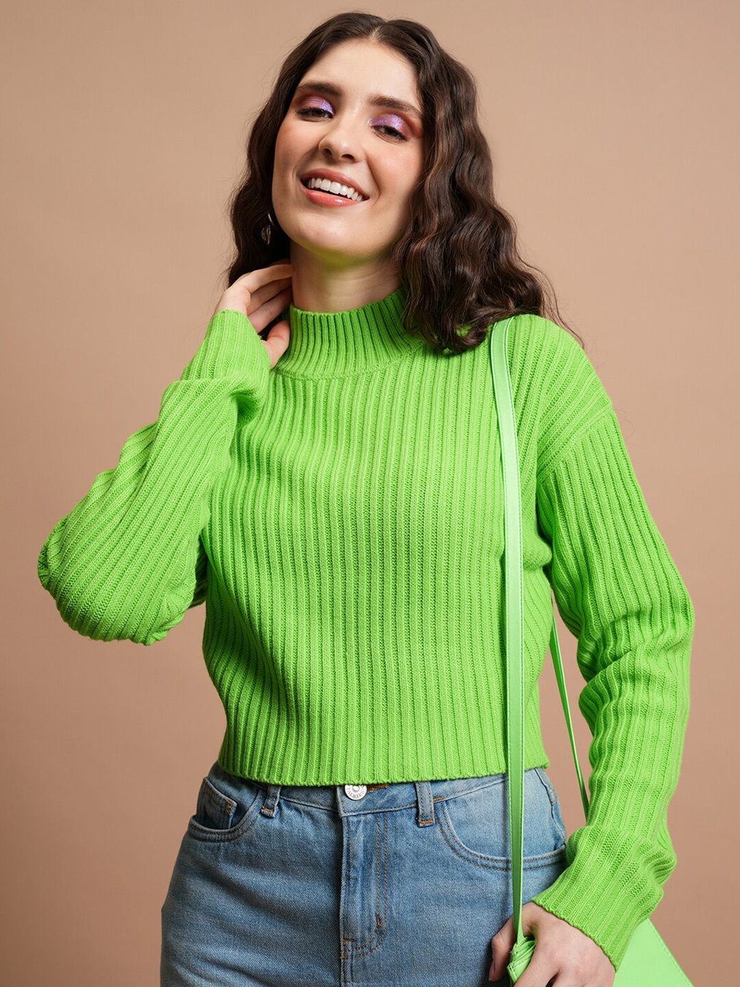 

Tokyo Talkies Green Striped High Neck Long Sleeves Pullover Sweater