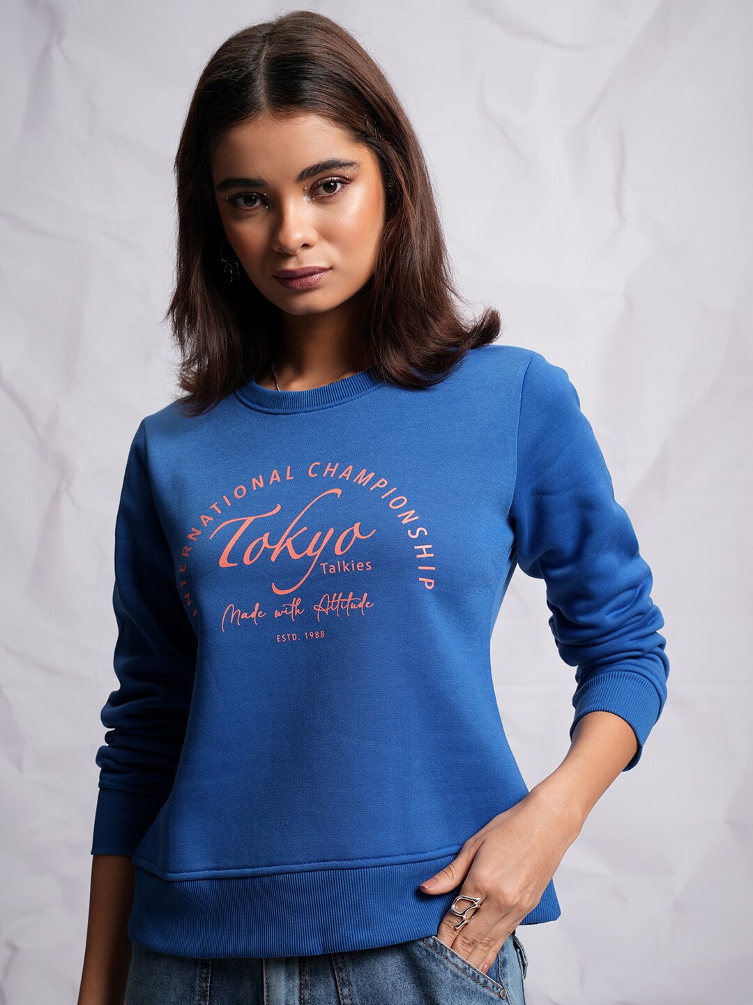 

Tokyo Talkies Blue Typography Printed Round Neck Long Sleeves Sweatshirt