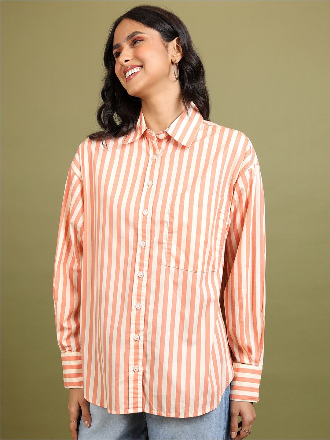 

Tokyo Talkies Orange-Coloured Striped Oversized Cotton Casual Shirt