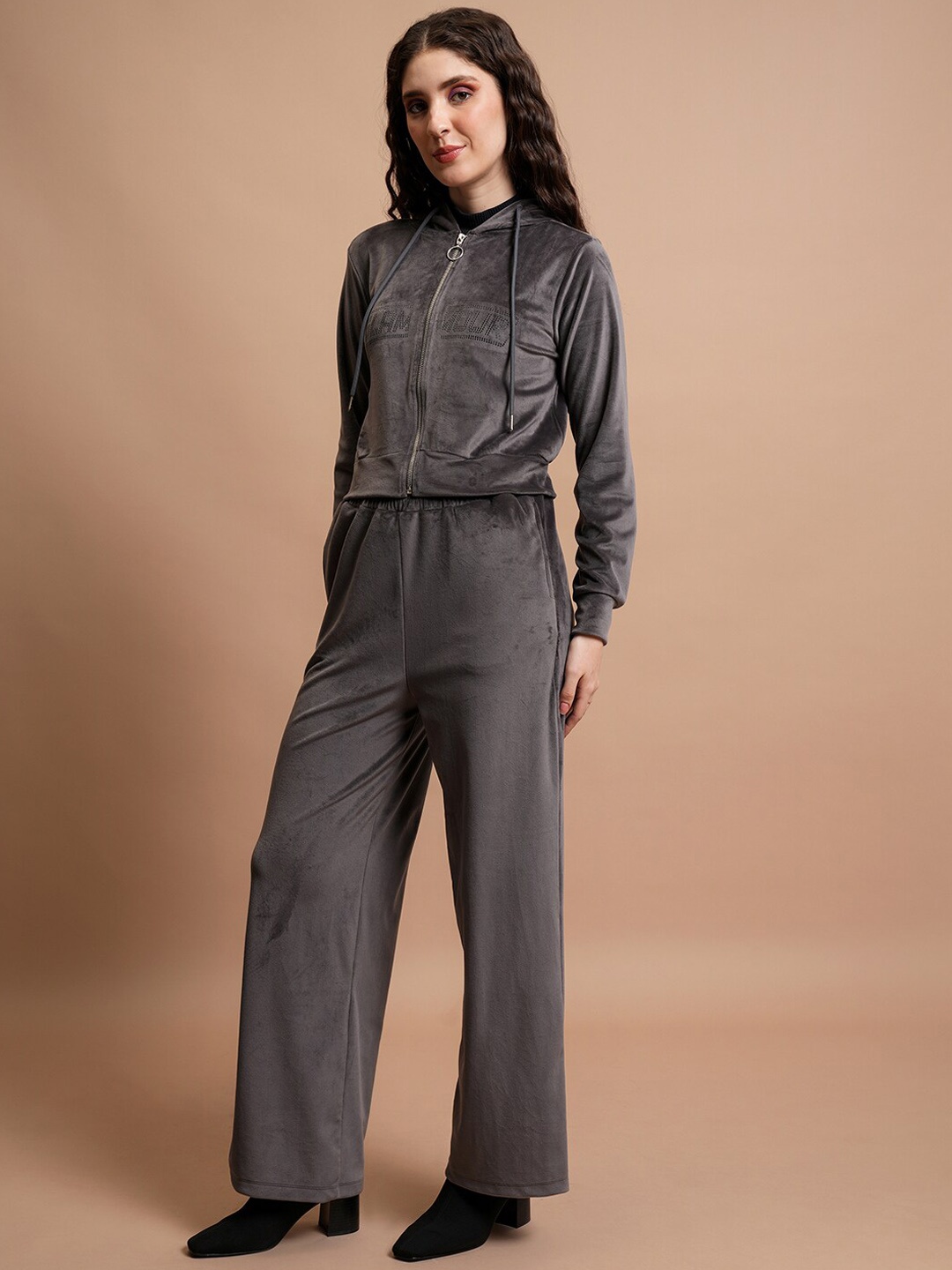 

Tokyo Talkies Embellished Hooded Cropped Sweatshirt & Wide Leg Trousers, Grey