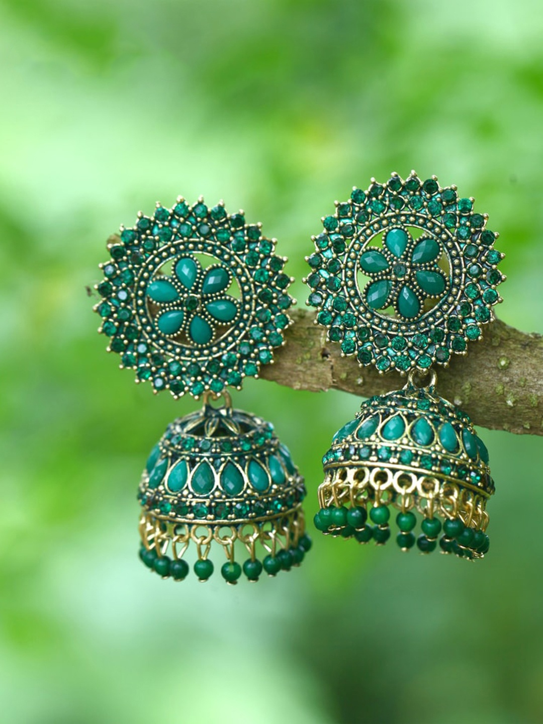 

MEENAZ Gold-Plated American Diamond-Studded & Beaded Jhumkas