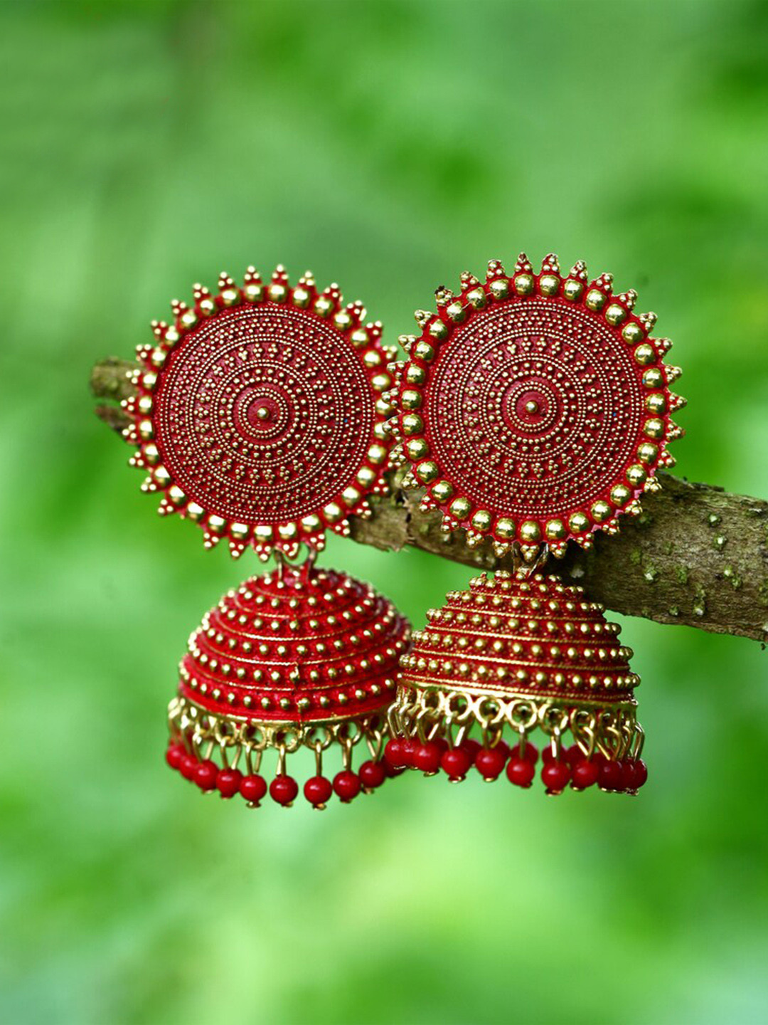 

MEENAZ Gold-Plated Dome Shaped Jhumkas, Red