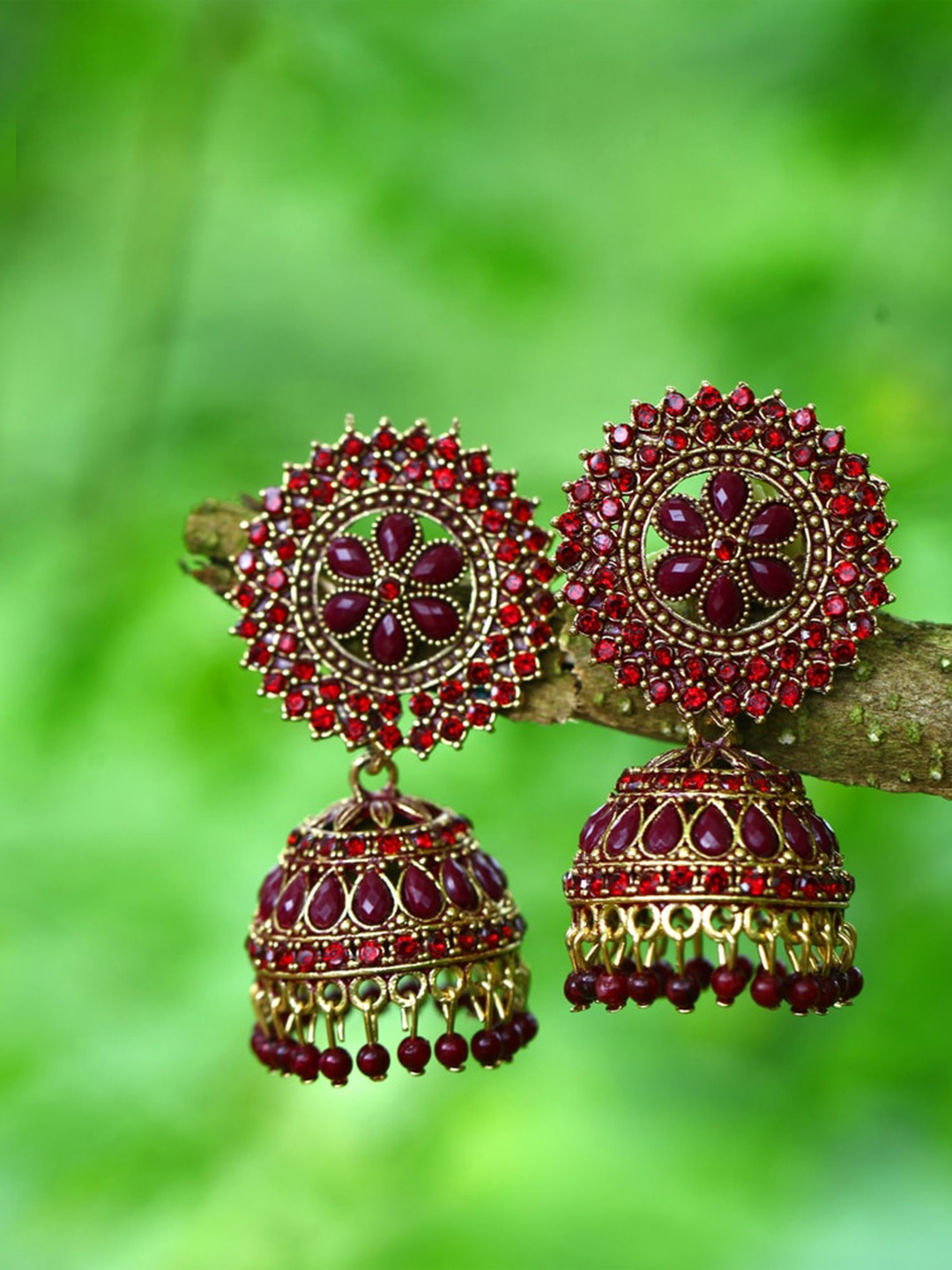 

MEENAZ Gold-Plated American Diamond-Studded & Beaded Jhumkas