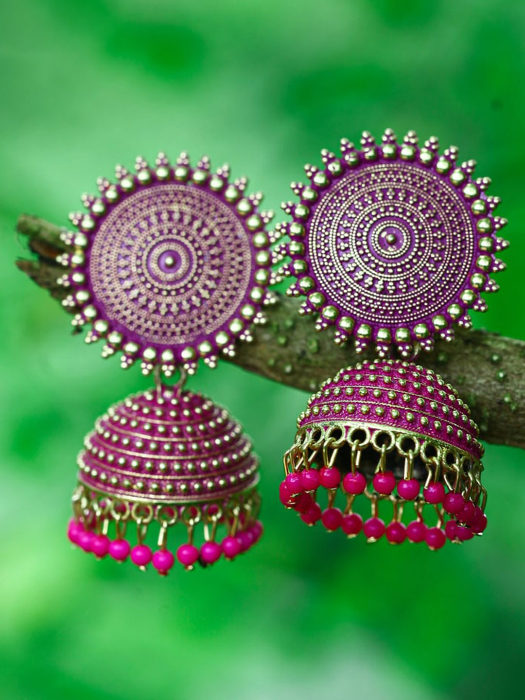 

MEENAZ Gold-Plated Dome Shaped Jhumkas, Pink