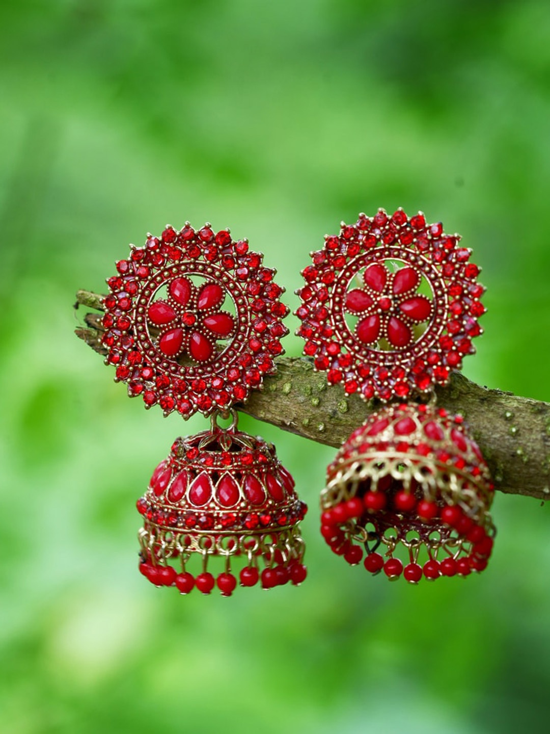 

MEENAZ Gold-Plated Dome Shaped American Diamond-Studded Jhumkas