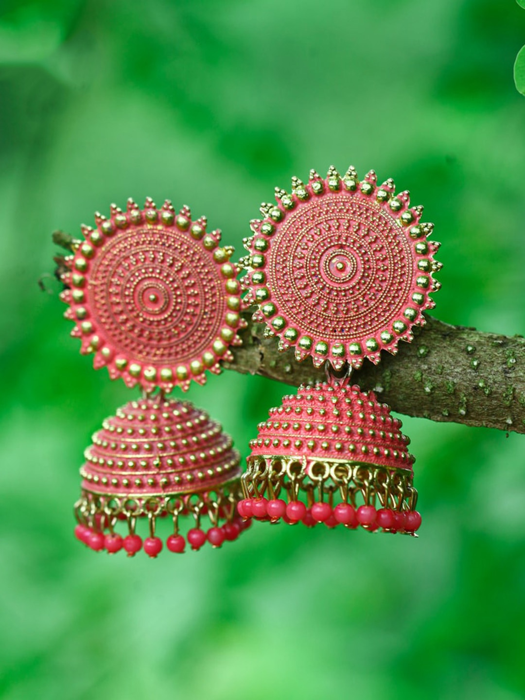

MEENAZ Gold-Plated Dome Shaped Jhumkas, Pink