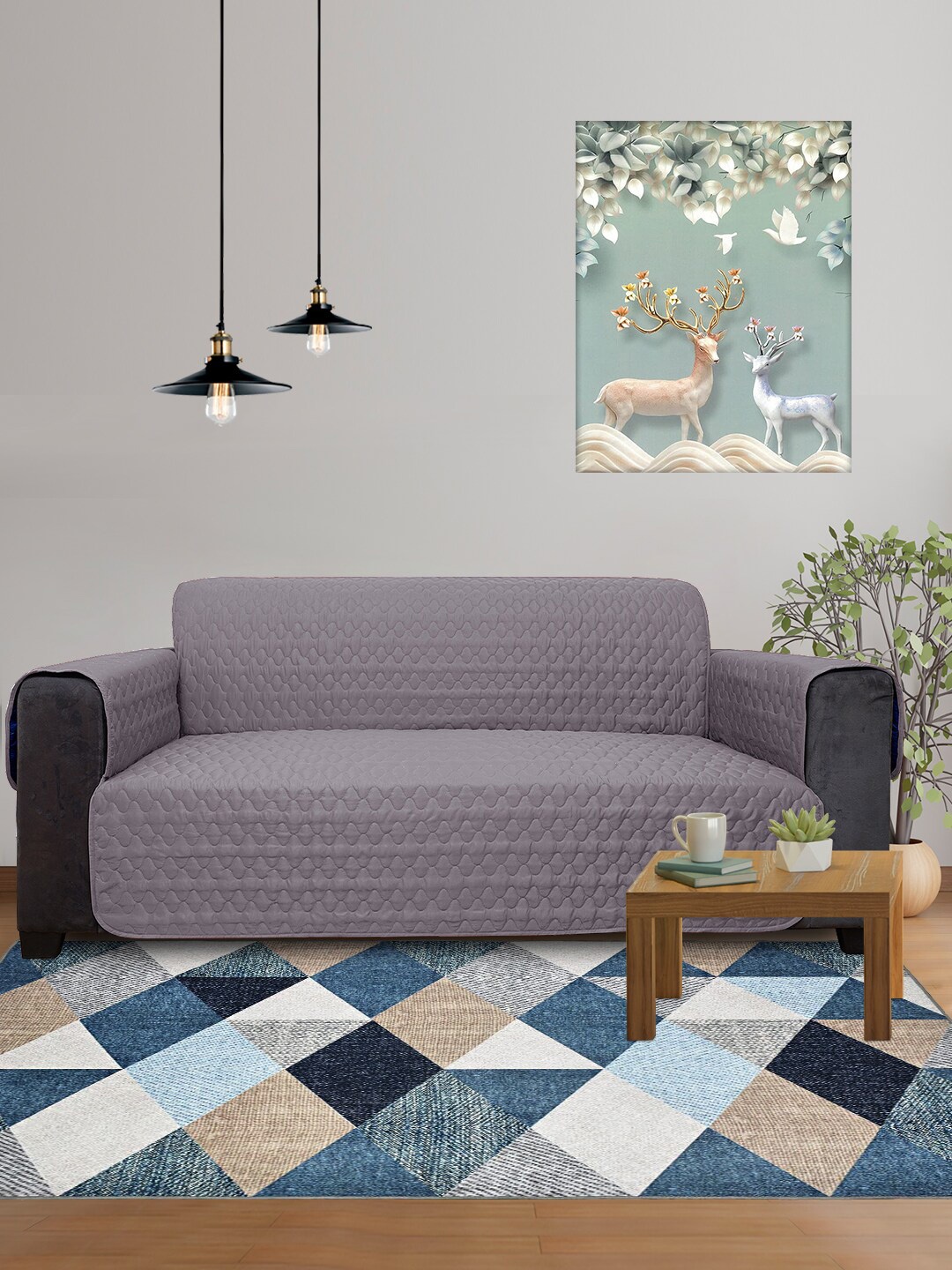 

DREAM CARE 2 Pieces Blue & Grey 3 Layer Reversible 3-Seater Sofa Cover With Side Pockets