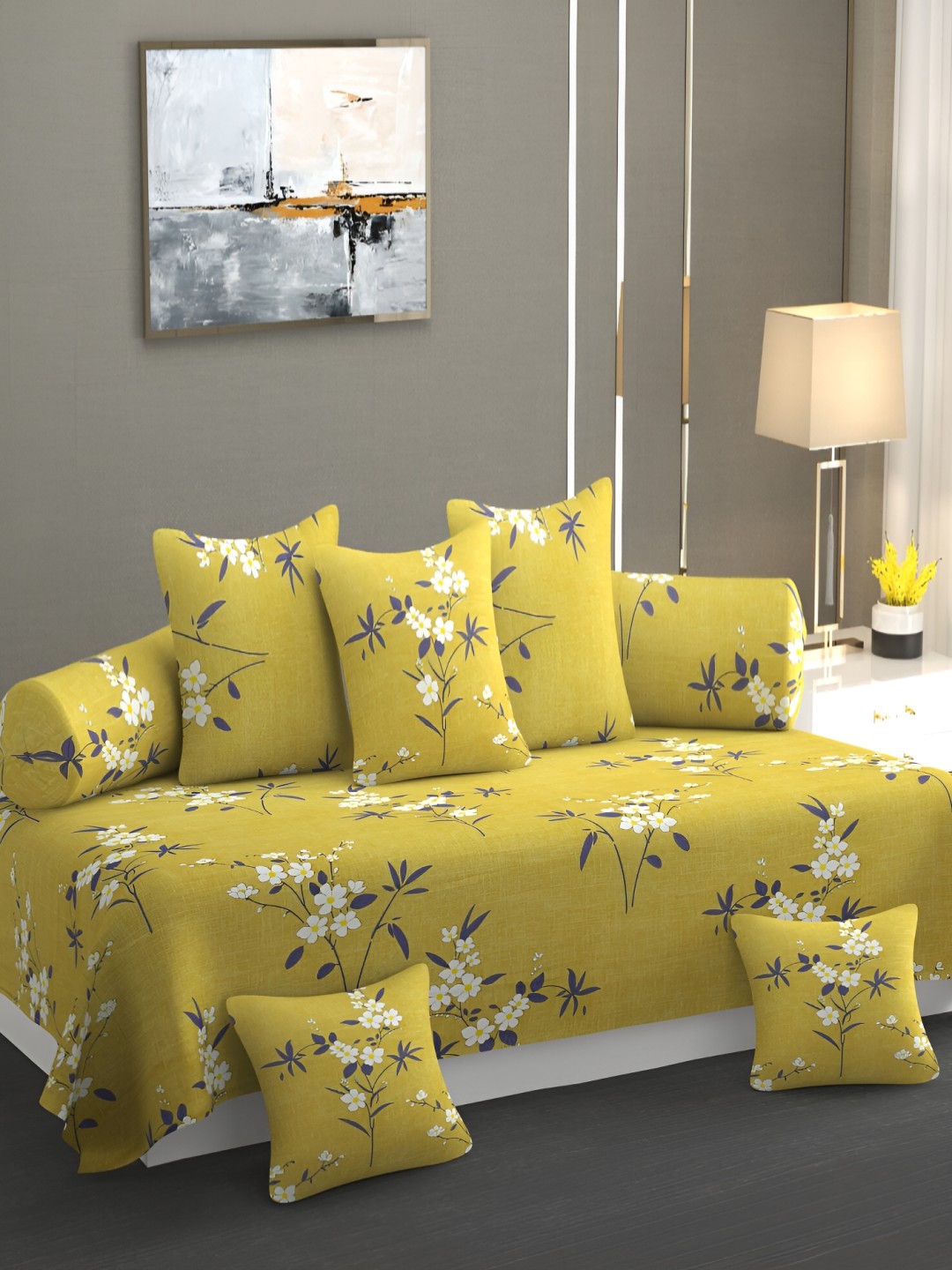 

CHHILAKIYA 8 Pieces Printed Cotton Diwan Set, Yellow