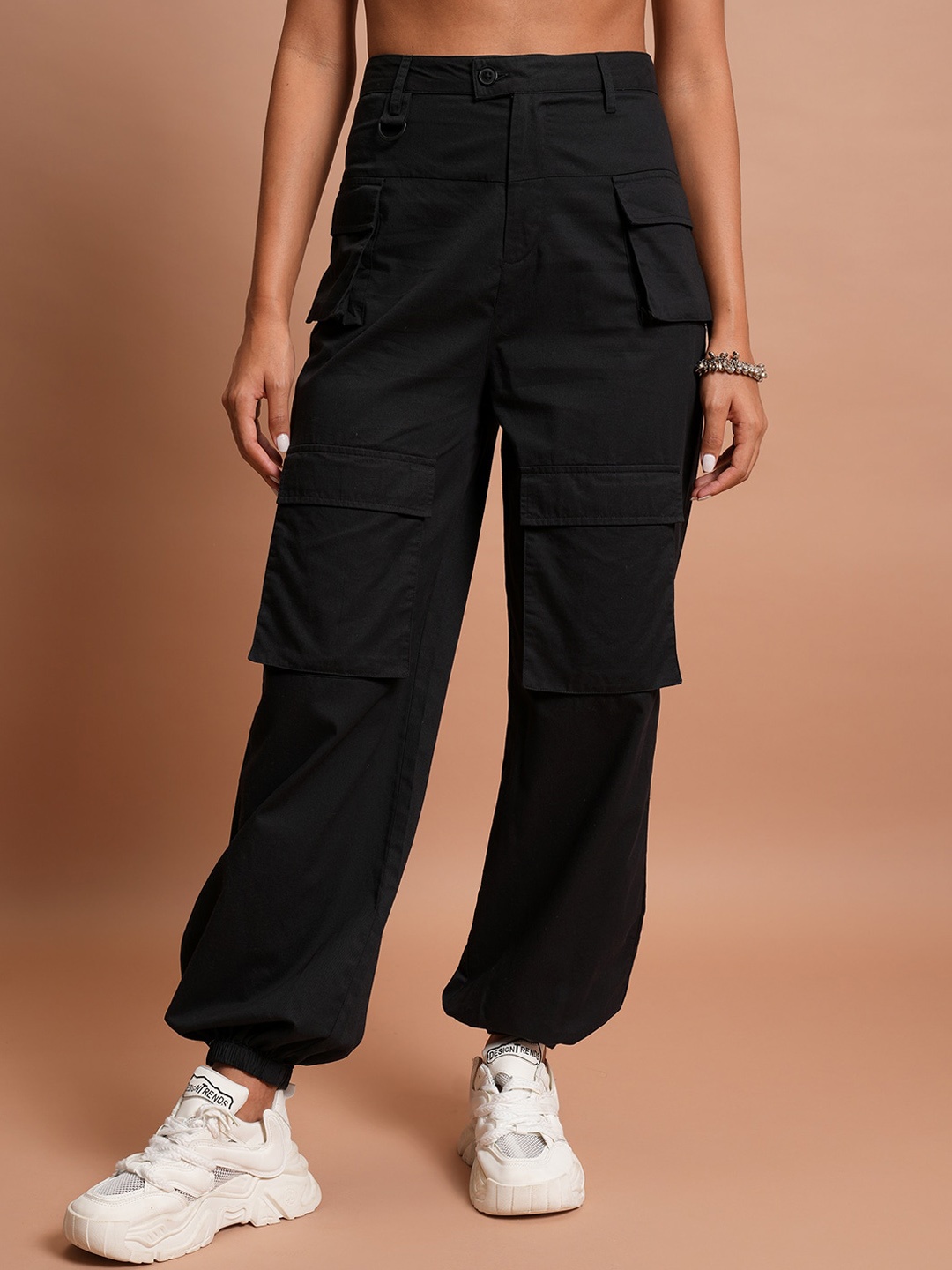 

KETCH Women High-Rise Plain Cotton Cargos, Black