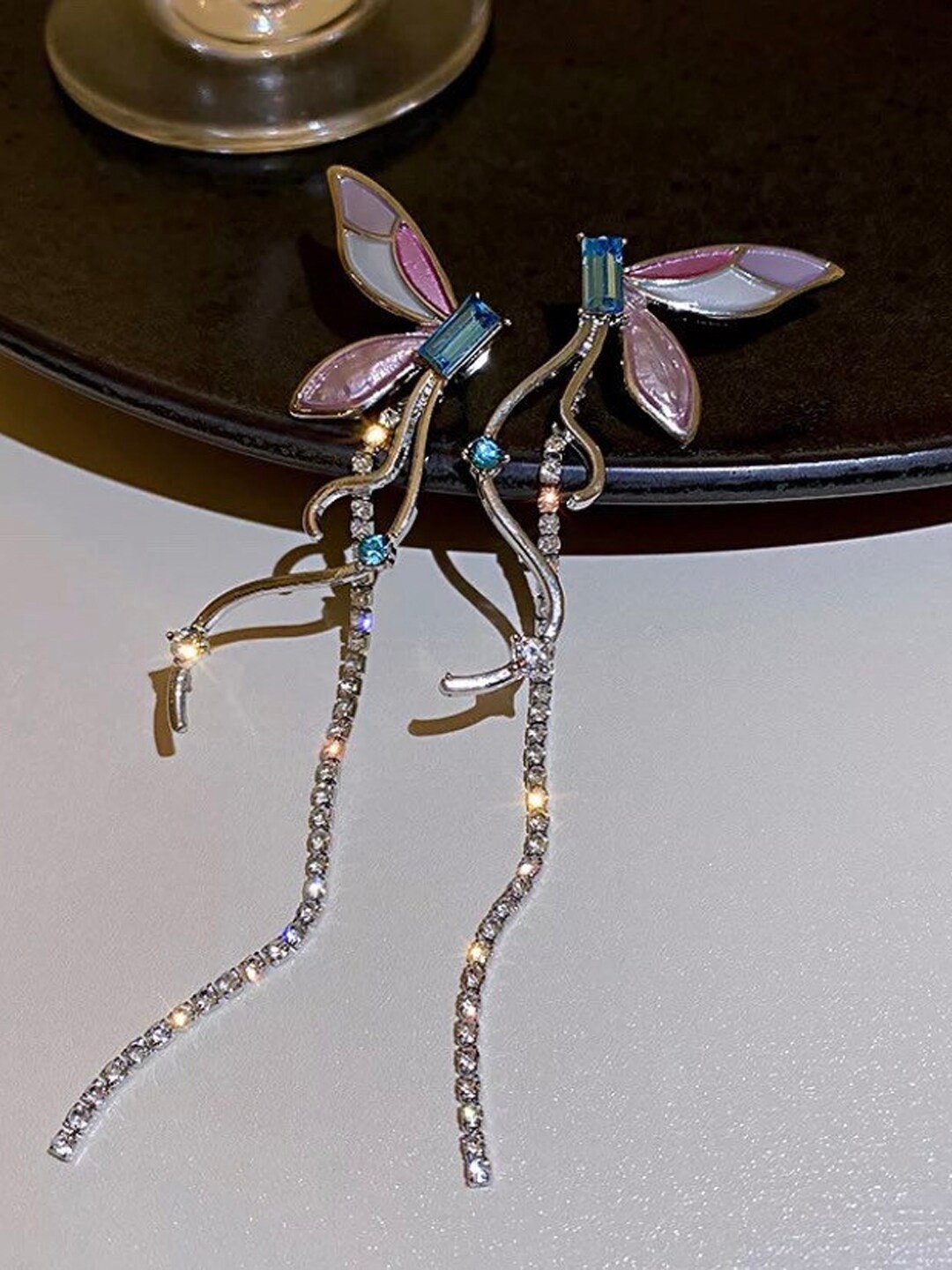 

Krelin Stones-Studded Butterfly Wings Dangle Drop Earrings, Pink