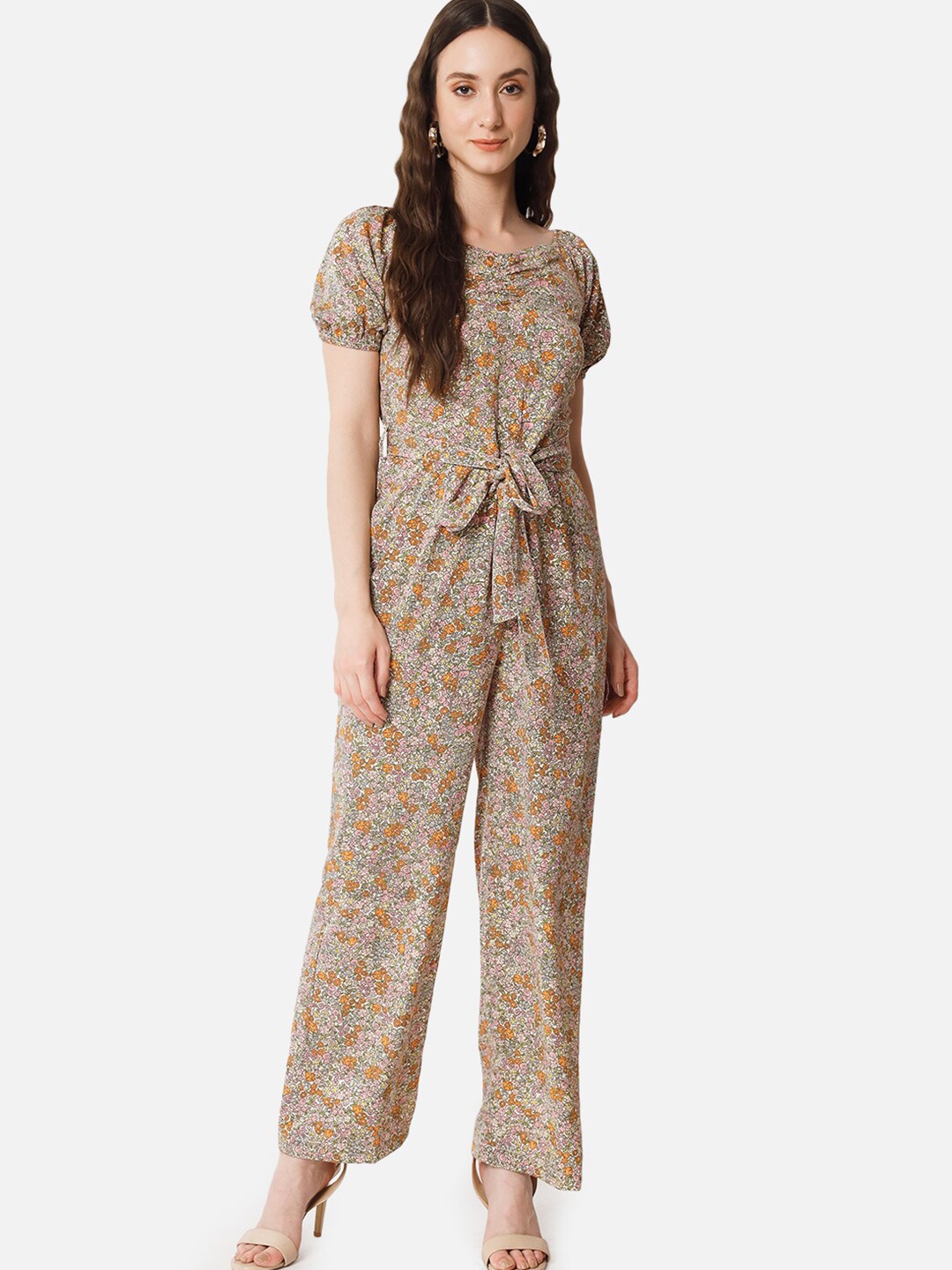 

BAESD Floral Printed Puff Sleeves Jumpsuit, Brown