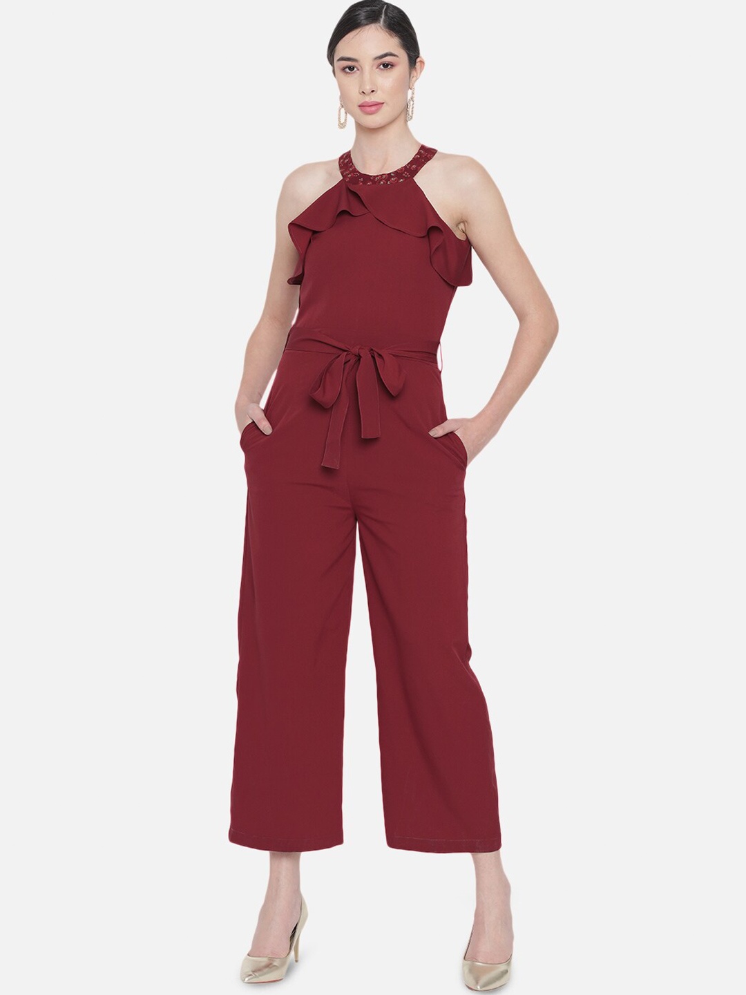 

BAESD Halter Neck Sleeveless Waist Tie-Ups Basic Jumpsuit, Red