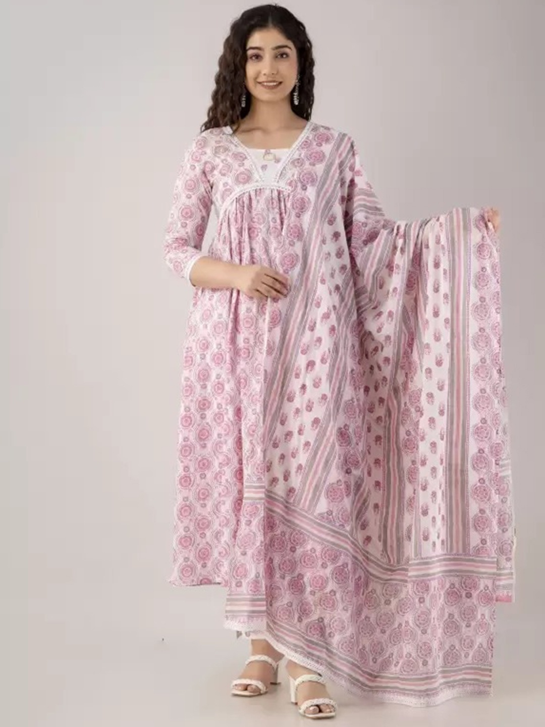 GLIDER GIRL Floral Printed Pure Cotton Kurta & Trousers With Dupatta, Pink