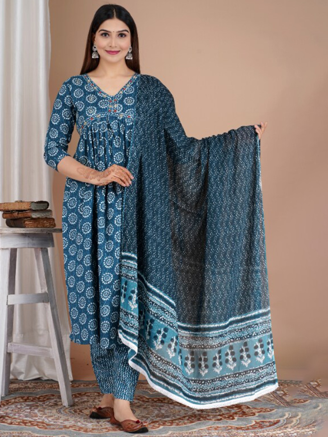 

GLIDER GIRL Floral Printed Thread Work Pure Cotton A Line Kurta With Trousers & Dupatta, Blue