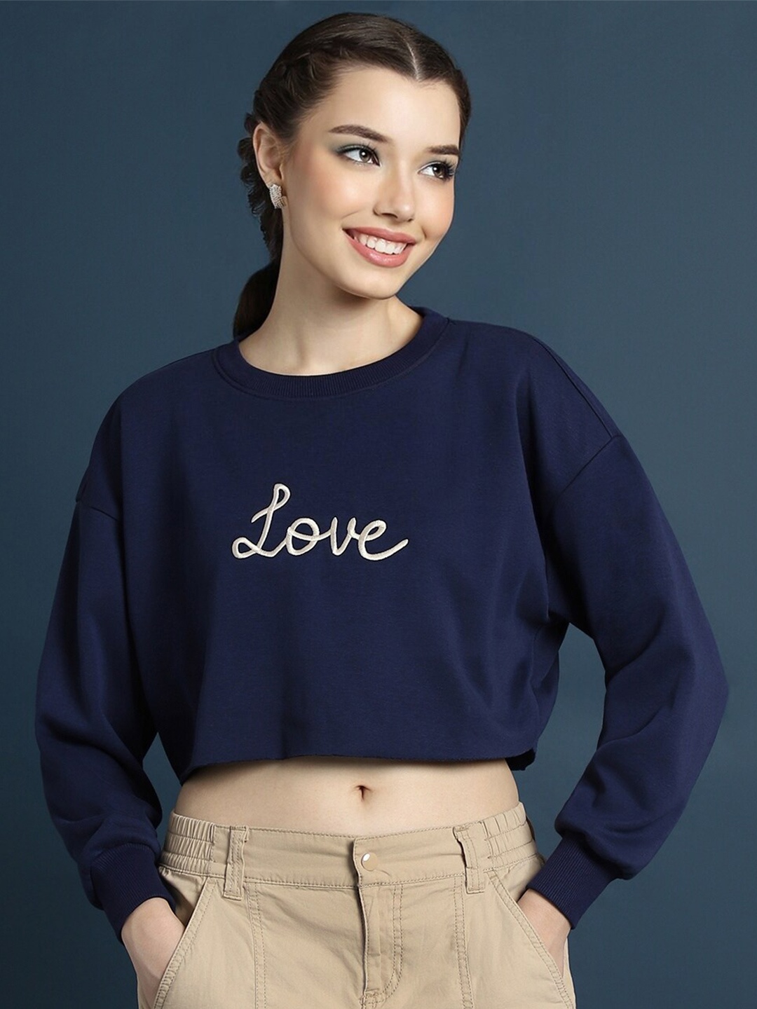 

FOREVER 21 Typography Printed Pullover Sweatshirt, Navy blue