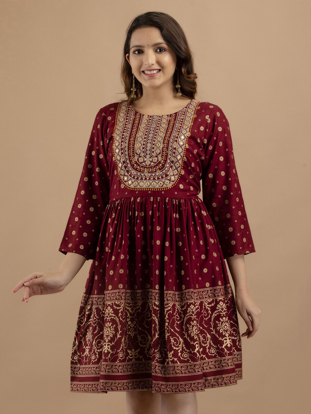 

BAESD Floral Printed Embroidered Fit & Flare Ethnic Dress, Maroon